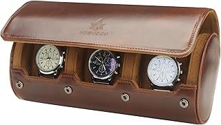 Kosibate Leather Watch Roll - Soft Lined Watch Roll Travel Case Tissue Storage Box for 3 Watches for Storing, Travel and Display (Obsidian)