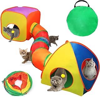 3 in 1 Foldable Pop up Cat Cubes with Storage Bag, Interactive Cat Play and Hides Toy for Kitten, Rabbit, Bunny, Ferret (Rainbow)