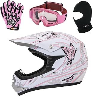 Zorax ZOR-X18 Butterfly S (49-50cm) Children Kids Motocross Helmet ECE 2206 & Gloves S(5cm) & Goggles & Balaclava - Dirt Bike Off Road Motorbike Helmet