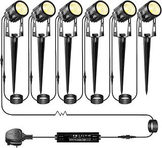 ECOWHO 21m Extendable to 8 Garden Lights Mains Powered Premium Spotlights Outdoor Lighting LED 12V Spike Waterproof Uplighter for Patio Path (Warm White 6-Packs 18w 3 pin Plug Adapter)