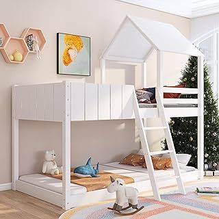 Wooden Bunk Beds for Kids & Children, Cabin Bed with Ladder and Guard Rail, 3Ft Single Treehouse Canopy, Kids Bed Is A Space-Saving Shaped Design, White-90X190 CM (Without Mattress)