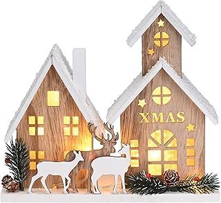 Valery Madelyn Wooden Christmas Village Winter Scene, Christmas Home Decoration Xmas Gift, Light Up Ornaments Indoor House Table Town Building Collection 23.5cmx20.5cm