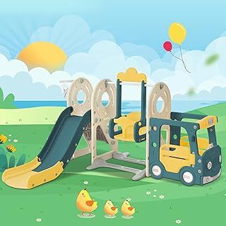 Merax 5-in-1 Multifunctional Children's Slide - Bus, Swing, Slide, Stepladder and Basketball Fun with Matching Basketball – Kids Swing and Slide Set, Crafted from HDPE for Endless Fun and Safety Green