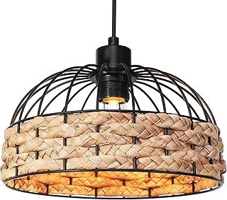 Small Metal & Rope Light Shade, Retro Black Light Shade with Jute Rope Lamp Shades Ceiling, Rattan Lampshade, Pendant Lampshades for Ceiling Lights, Living Rooms, Kitchen, Bedroom, Hallways