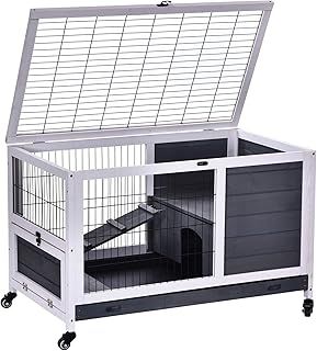 PawHut Wooden Rabbit Hutch Guinea Pigs House Bunny Small Animal Cage Openable Roof Portable Indoor Enclosed Run 90 x 53 x 59 cm White