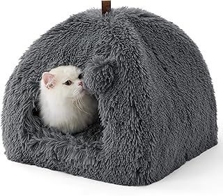 Bedsure Cat Cave Bed Igloo - Fluffy Cat Tent Bed House with Removable Washable Cushion Pillow Foldable Portable Pet Bed, 40x40x40cm，Dark Grey