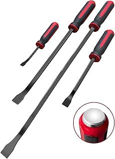 Pry Bar Set Heavy Duty, Thicker Hammer Strike Cap, Angled Tip, Mechanic Hand Tools for Automotive, Demolition, Nail Puller, Crowbar | 4-Piece | Red