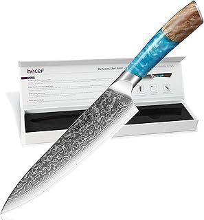 hecef Professional Japanese Chef Knife - Ultra Sharp Damascus Steel, Stylish Blue Resin Handle and Protective ABS Sheath