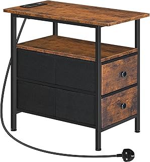 HOOBRO Narrow Bedside Table with Charging Station, with 2 Non-Woven Drawers, Slim Side Table with USB Ports and Power Outlets, Narrow Side Table for Small Spaces, Rustic Brown and Black EBF486KBZ01