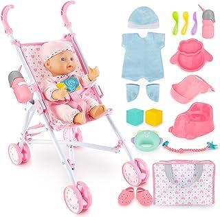 My First Baby Dolls Pram, Children Baby Doll Stroller, Dolls Pushchair with Dolls Clothes, Role Play Toy, Adjustable Toy Pram, Dolls for 5 Year Old Girls, Doll Toys for Girl Christmas Birthday