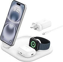 Belkin MagSafe Charger, BoostCharge 3-in-1 Magnetic Foldable Charger with Qi2 15W - MagSafe-Compatible Fast Charger for iPhone 16, 15, Apple Watch, AirPods with Non-Slip Base, PSU Included - White