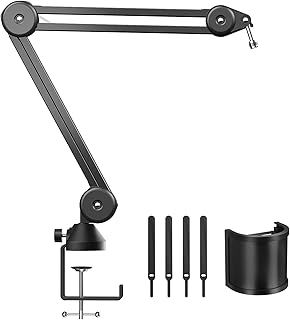 TONOR Microphone Boom Arm, Adjustable Microphone Stand Desk Mic Arm Extra-large Pop Filter Compatible with Blue Yeti HyperX Quadcast Snowball Rode Razer Seiren Mini Elgato Wave for Recording T40