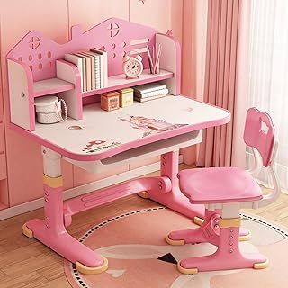 Kids Desk and Chair Set, Height Adjustable Children Study Desk with Cartoon Pattern, Widened Tabletop, Tilting Book Stand Drawer, Golden Distance Design to Prevent Myopia, for Boys & Girls(Pink)