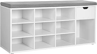 VASAGLE Shoe Storage Bench, Hallway Bench with Cushion, Drawer and Open Compartments, Shoe Bench with Seat, for Living Room, Bedroom, Closet, White and Grey LHS24WT