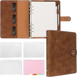 FYY Leather A5 Ring Binder Notebook, 6 Ring A5 Binder with A5 Refill Papers, Binder Pockets and Subject Dividers Paper Sheet, Travel Binder Journal Personal Planner with Ring Binder Brown