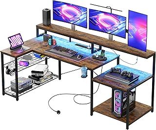 Bestier 181CM L Shaped Corner Desk with Power Outlets LED Lights Gaming Desk with Long Monitor Stand Large Computer Desk with Storage Shelf Cup Holder Headset Hooks Ideal for Gaming Room