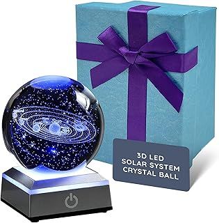 CUQOO 8cm 3D Solar System Crystal Ball Night Light - LED Crystal Ball with Engraved Universe Planet Sphere, Captivating Astronomy Gift for Children, Easter Home Decor & Space Enthusiasts