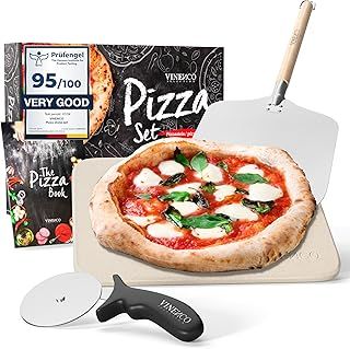 Pizza Stone for Oven & Grill with Peel and Cutter | Focaccia Bread Cooking Set | Baking Kit & Recipe Book, Paddle | Platter for Gas & Charcoal BBQ Accessory | Bake Pastries, Tarts Calzone & Pitas
