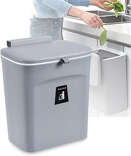 Hanging Trash Can with Sliding Lid, 9L Door Mounted Cupboard Bin for Kitchen, Plastic Hanging Bin Waste Bin for Bathroom Bedroom Office Motorhome - Grey