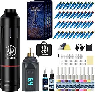 UPTATSUPPLY Poseidon Tattoo Pen Kit Wireless Tattoo Machine Kit, Tattoo Gun Kit with Tattoo Power Supply and 40 Pcs Tattoo Cartridge Needles, Complete Tattoo Kit Tattoo Supplies for Beginners