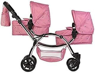 Darcie Twin Dolls Pram in Pink, Suitable From 3 to 16 Years, Adjustable Handle Height, 16 Combinations, Double Dolly Toy Stroller For Christmas, Ideal For Reborn Dolls
