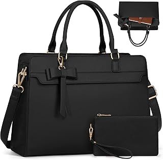 RAINSMORE Laptop Bags for Women 15.6 Inch Large Laptop Tote Bag PU Leather Ladies Laptop Handbag with Clutch Bag Water Resistant Work Bags for Business Office School Casual Black