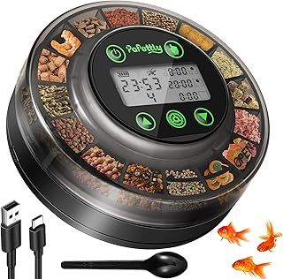 Automatic Fish Feeder for Aquarium - Rechargeable Auto Food Dispenser with USB Cable & LCD Display, Timer for Weekend Holiday with Feeder Spoon