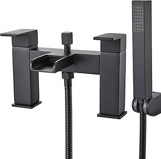Luckyhome Bath tap with Shower Waterfall Bath Shower Filler Mixer Tub Tap Double Lever Chrome Solid Brass with Handheld Shower Head Faucet,Black