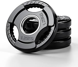 Olympic Weight Plates with Rubber Finish 2’’ Opening and Tri-Grips, Black Barbell Plates Discs for Lifting and Strength Training, Solid Cast Iron Core Weights Set for Barbell, 1.25kg - 20kg