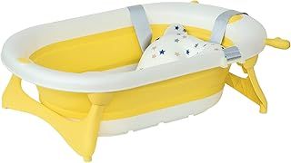 HOMCOM Foldable Baby Bathtub Set, Collapsible Bath Tub with Thermostatic Water Plug, Non-Slip Support, Cushion Pad, Drain Plugs, for Newborn to 3 Years - Yellow