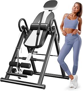 YOLEO Gravity Heavy Duty Inversion Table with Headrest & Adjustable Protective Belt Back Stretcher Machine for Pain Relief Therapy White