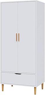 Panana Modern 2 Door Wardrobe Clothes Closet with Wood Leg Wooden Clothes Cabinet Furniture Unit with Hanging Rail Storage Drawer Bedroom White