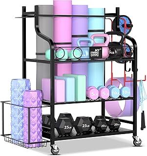 Mythinglogic Dumbbell rack-Yoga Mat weight rack-Home Gym Storage Rack for Dumbbells Kettlebells, Foam Roller, Yoga Strap, Resistance Bands - Workout Equipment Storage Organizer with Hooks and Wheels