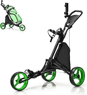 3 Wheel Golf Push Pull Cart, Folding Golf Trolley with in Foil Coated Storage Bag, Elastic Strap, Adjustable Umbrella & Cup Holder, Portable Golf Bag Holders