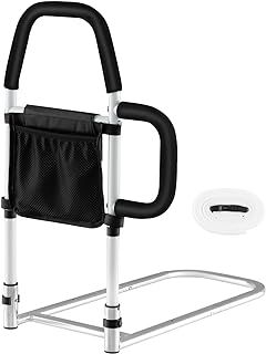 COSTWAY Bed Rails for Elderly Adults, Medical Bed Mobility Assist Bar with Dual Handrails, Storage Pocket, Fixing Strap, Fits King, Queen, Twin, Full Bed