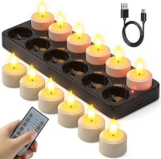 SoulBay Rechargeable Tea Lights, 12pcs Battery LED Flameless Tealight Candles with Remote Control and Timer, Candle Lights with Charging Station for Home Room Table Halloween Christmas Decor