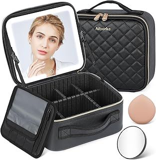 Travel Makeup Bag with Light Up Mirror Makeup Case with Lighted Mirror Cosmetic Organizer Bag with Adjustable Dividers and 10x Magnifying Mirror, Black, Portable