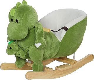 Baby Rocking Horse, Plush Ride on Dinosaur Seat with Safety Belt, 32 Songs, Wood Base, Hand Puppet
