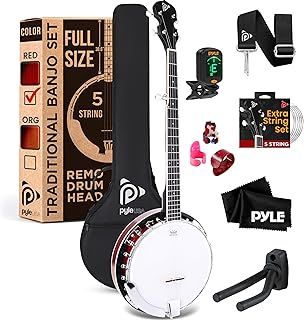 Pyle 5 String Banjo Remo Head, Banjos Beginner Kit, 39" Full Size, Open or Closed Back Instrument w/ 24 Brackets, Starter accessories, Geared 5th Tuner, Gig Bag, Extra Strings - Strap – Picks, Wrench