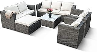 KEPLIN 8 Seater Rattan Garden Furniture Set with Glass Coffee Table, Stool & Water Resistant Cushions Ideal for Patio, Lawn, Garden, Balcony, Conservatory & Dining in the Sun (Grey)