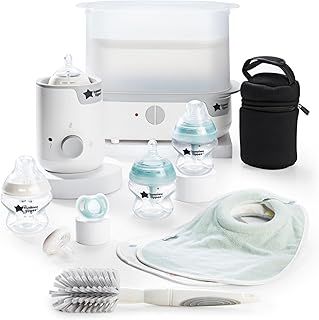 Tommee Tippee Complete Feeding Set, Electric Steam Steriliser with Insulated Bottle Bag, Newborn Self-Sterilising Baby Bottles and Easiwarm Bottle Warmer, White
