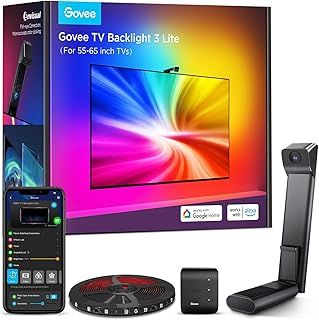 Govee TV Backlight 3 Lite with Fish-Eye Correction Function Sync to 55-65 Inch TVs, 3.6m RGBICW Wi-Fi TV LED Backlight with Camera, 4 Colours in 1 Lamp Bead, Voice and APP Control, Adapter