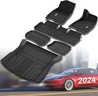 3W Floor Mats and Boot Liners Fit for Tesla Model 3 2024 2025 Highland, TPE All Weather Full Set Car liners and Cargo Mats, Dog Friendly Accessories Custom Fit for New Version Tesla Model 3