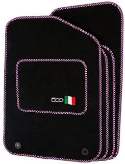 Precision - Tailored Car Mats - Intended for Fiat 500 2013-2020 with a 500 Logo - 4 Piece Set - Non-Slip Floor Mats - Black Carpet - Pink Check Binding - Fittings Clips - SFP