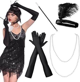Miss Good 5 Pcs 1920s Accessories Set 20's Theme Flapper Great Gatsby Accessories Set Headband Headpiece Pearl Necklace Cigarette Holder Black Long Gloves Fashion Fancy Dress for Women