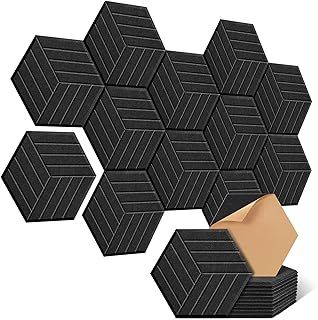 12 Pcs Sound Proofing Panels, JAMELO Hexagon Self-adhesive Acoustic Panels with Beveled Edge 14" X 12" X 0.4" High Density Sound Absorbing Panels for Recording Studio & Home & Offices Black