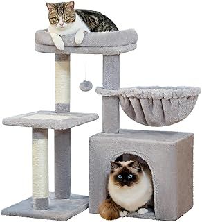 PAWZ Road Small Cat Tree, 73cm Tower for Indoor Cats, Activity Tree with Scratching Posts, Hammock & Top Perch, Grey