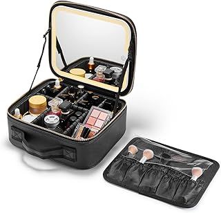 Makeup Bag with LED Mirror, Cosmetic Organizer with Compartments (Small Size, Black)