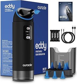 AURACLE Professional Ear Wax Removal Kit - 360° Electric Water Ear Cleaner with 4 Pressure Modes, Rechargeable 2000mAh Battery, 8 Replacement Tips, 2 Jet Nozzles, IP65 Waterproof (Dual Blue)
