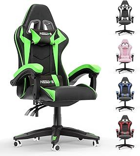 Gaming Chair, Ergonomic Computer Racing Chair with Headrest and Lumbar Support, PU Leather High Back Height Adjustable Swivel Game Chairs for Adults (Without Footrest, Green)